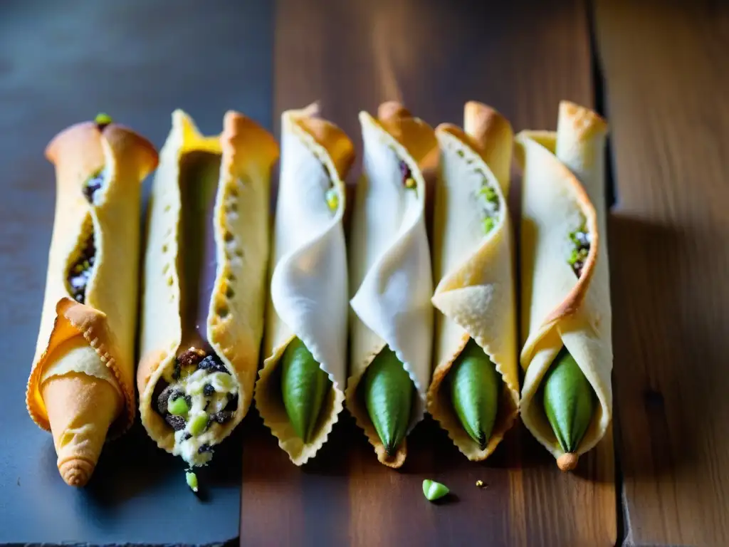 Deliciosos cannoli sicilianos decorados con pistachos, frutas confitadas y virutas de chocolate en una mesa rústica