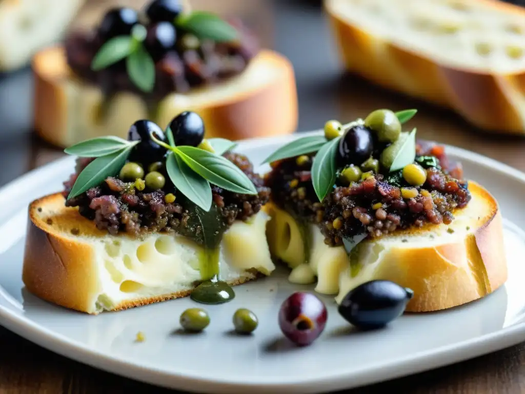 Deliciosos crostinis recién horneados con tapenade de aceitunas, un contraste de sabores y colores