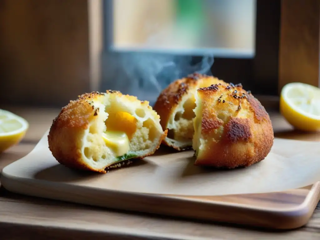 Deliciosos arancini y supplì dorados en una mesa rústica, mostrando sus texturas crujientes por fuera y cremosas por dentro