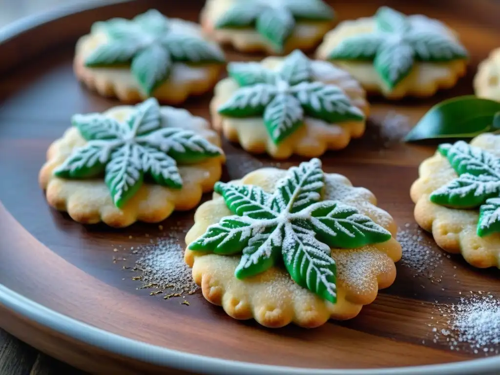 Deliciosos dulces navideños italianos: Mustaccioli recién horneados sobre mesa rústica con hojas de acebo rojo y verde