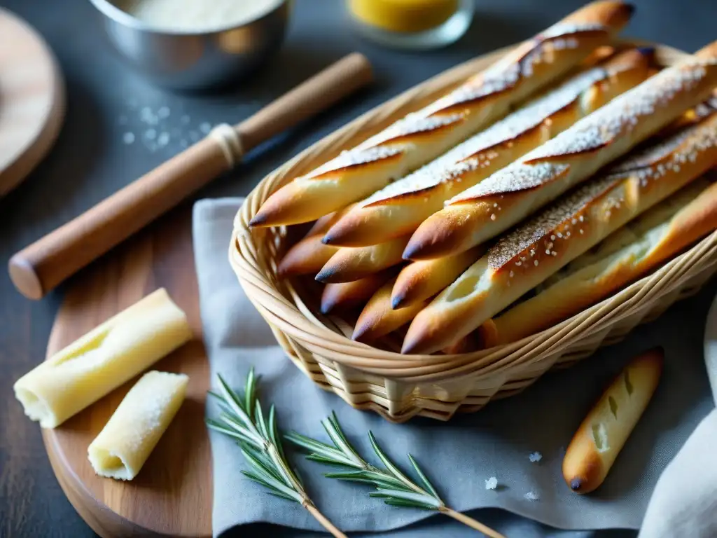 Deliciosos grissini recién horneados en cesta de mimbre, con toque de sal marina