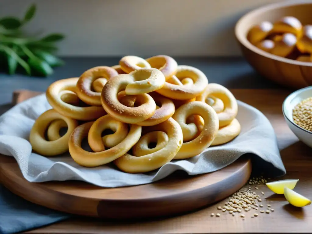 Deliciosos Taralli snack italiano aperitivos en plato de madera rústico, con semillas de sésamo y aceite de oliva, en cocina tradicional