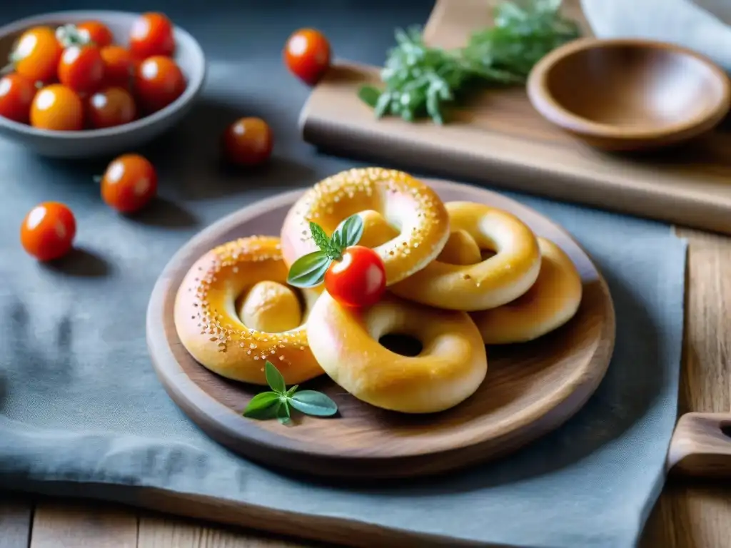 Deliciosos Taralli snack italiano aperitivos dorados sobre tabla rústica con sal y tomates cherry