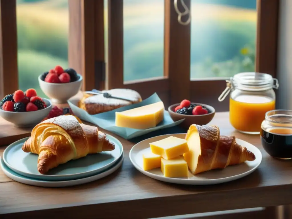 Un desayuno italiano energizante: croissant, espresso, frutas, miel, quesos y embutidos en una mesa rústica al sol de la mañana