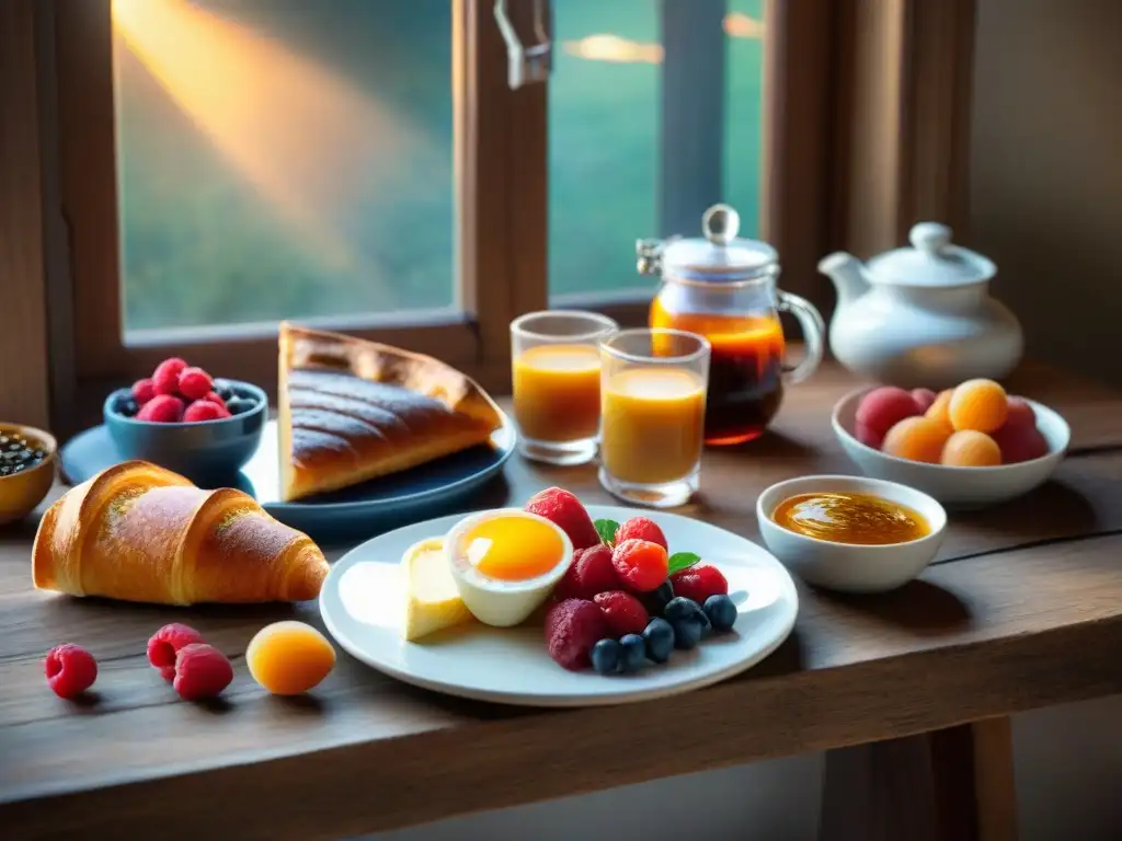 Un desayuno italiano energizante: café, cornetto, embutidos, quesos, frutas y miel en una mesa rústica al sol