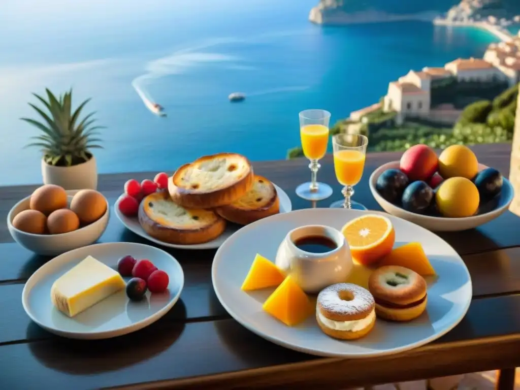 Un desayuno italiano energizante en una mesa soleada con vista al mar Mediterráneo