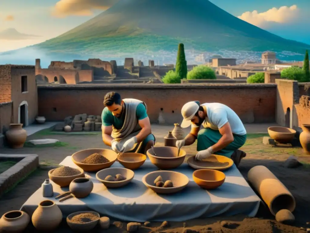 Descubrimiento de utensilios y cerámica romana en Pompeya con Vesuvio al fondo, historia de la cocina italiana en platos icónicos