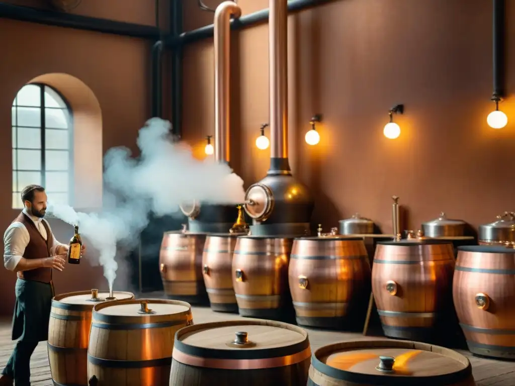 Destilería tradicional italiana con alambiques de cobre y barriles de madera utilizados en la producción del licor Amaretto