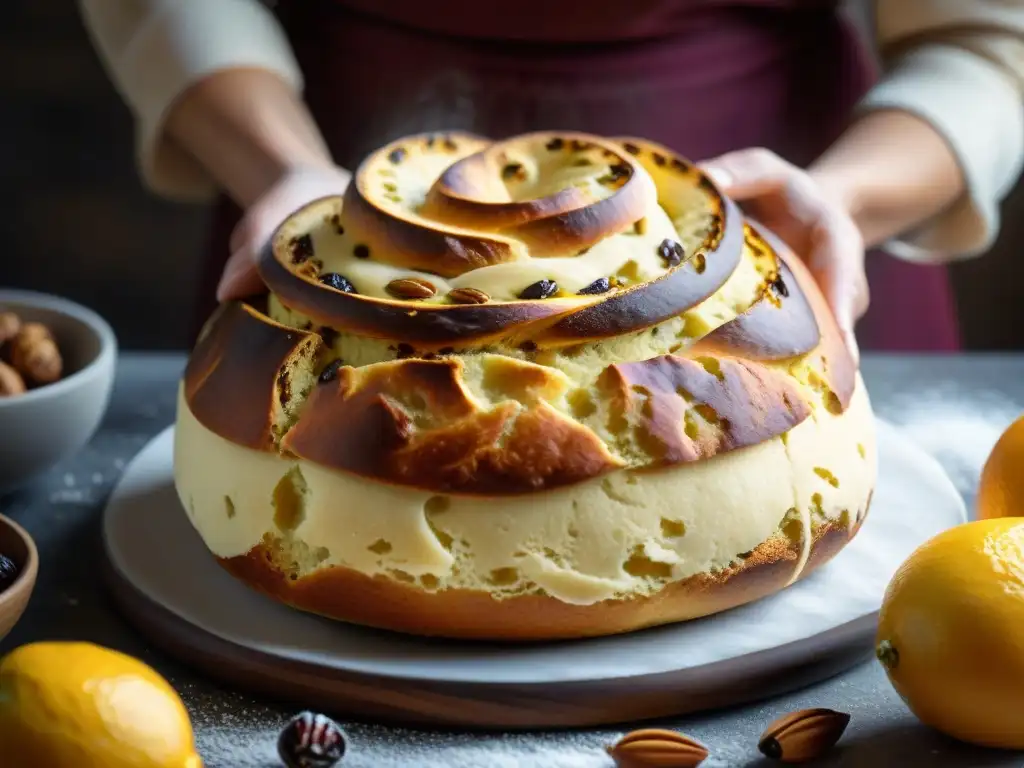 Elaborando con destreza la masa dorada y elástica de un panettone casero fácil, con frutas y pasas