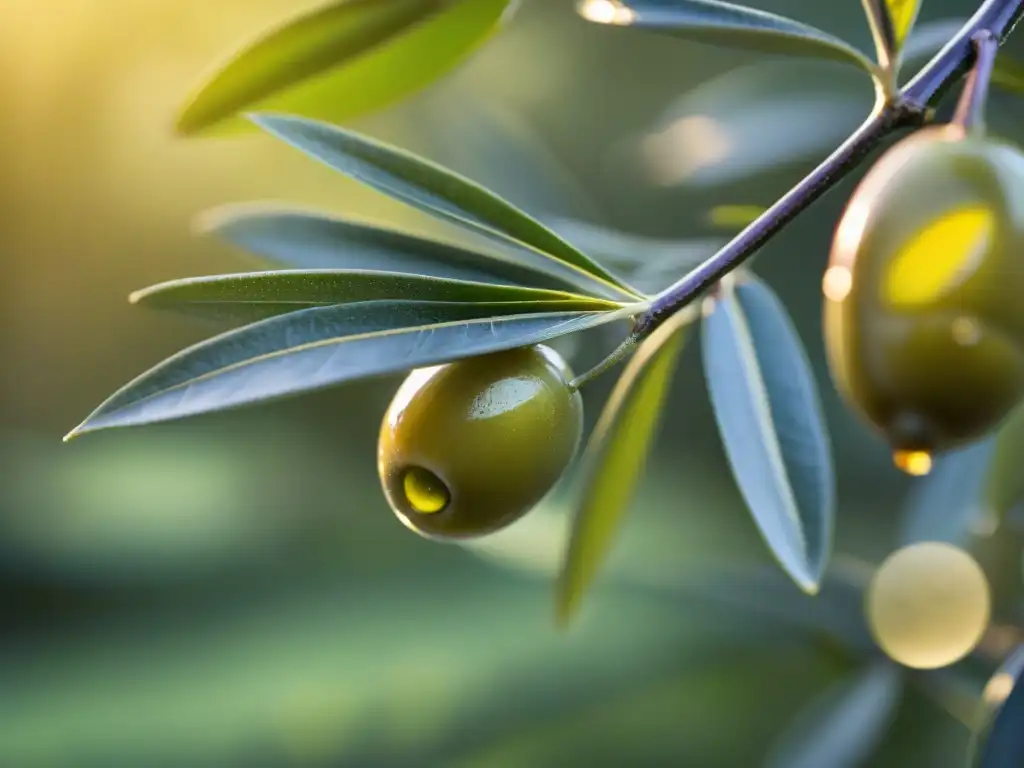 Detallada aceituna doradaverde en un campo italiano, fresca y brillante bajo el sol matutino