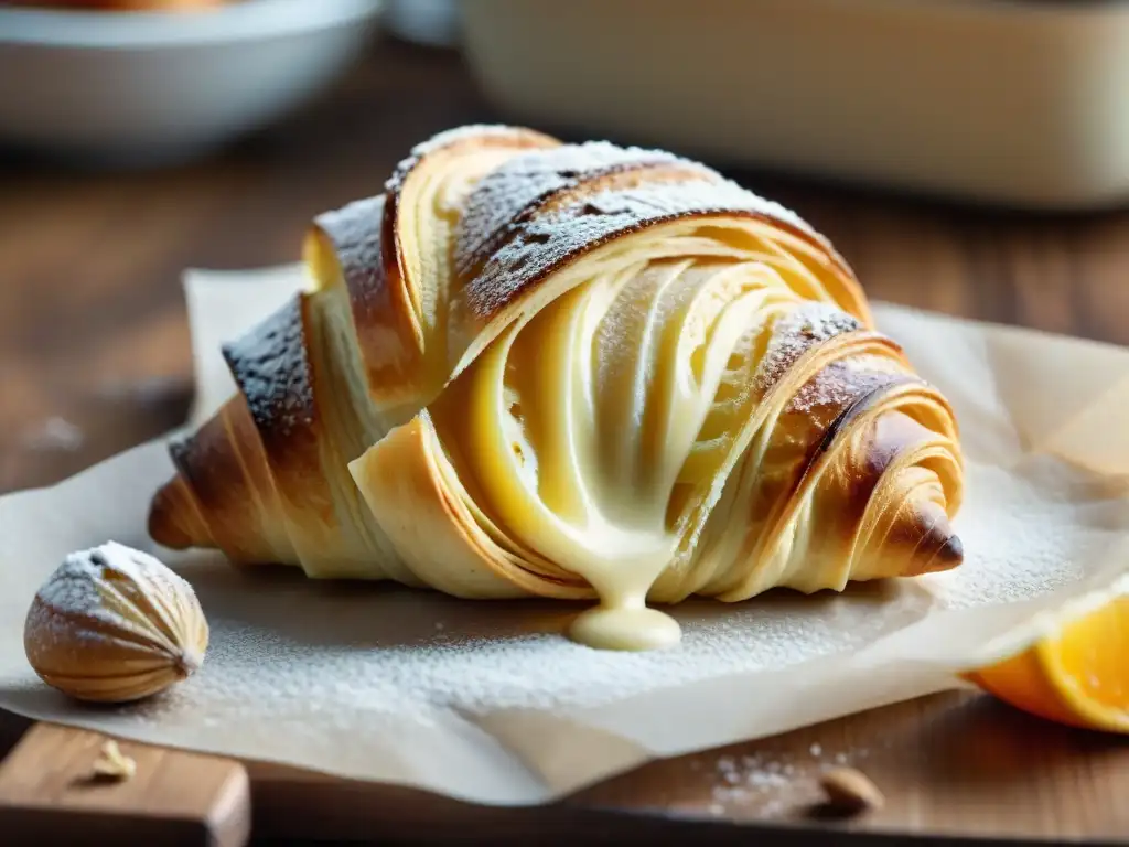 Detallada sfogliatella recién horneada, con capas de hojaldre, ricotta y aroma cítrico