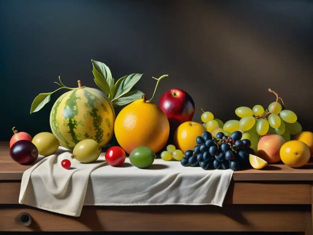 Una detallada imagen del 'Bodegón con frutas y verduras' de Caravaggio, destacando la riqueza y frescura de los alimentos