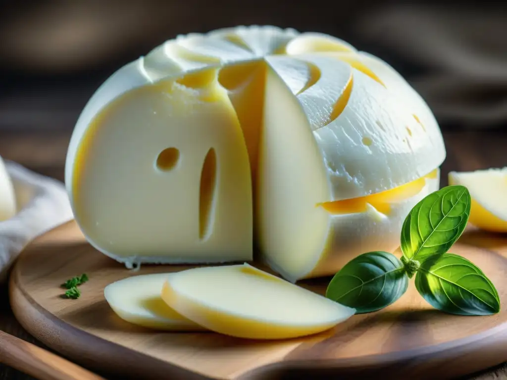 Detallada imagen de una bola de Mozzarella di Bufala recién cortada, mostrando su textura cremosa y brillo sutil