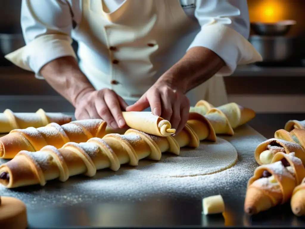 Detallada imagen de un chef italiano formando cannoli, reflejando la precisión en las Guías de repostería italiana tradicional