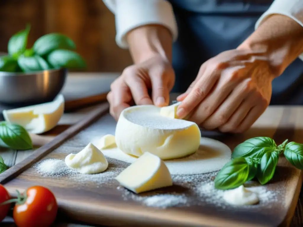 Detallada imagen de un chef moldeando mozzarella vegana en cocina italiana