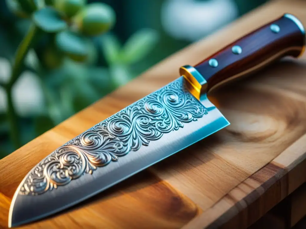 Detallada imagen de cuchillo de chef italiano, con patrones en la hoja y mango de madera desgastado, reflejo de la tradición culinaria italiana