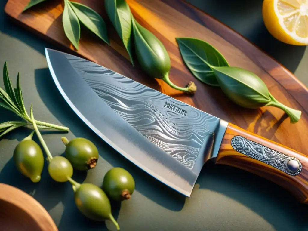 Detallada imagen de cuchillo chef italiano en acero Damasco y mango de madera de olivo, en cocina rústica italiana