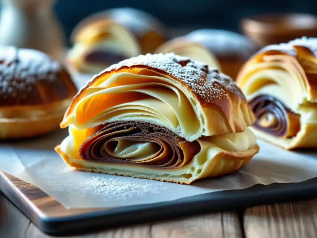 Detallada imagen de sfogliatella dorada y crujiente, con relleno jugoso, en una panadería italiana