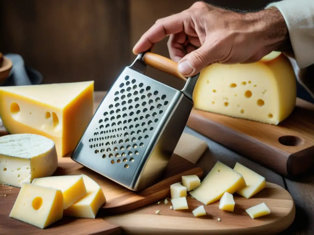 Detallada imagen de un hábil artesano italiano creando un rallador de queso personalizado