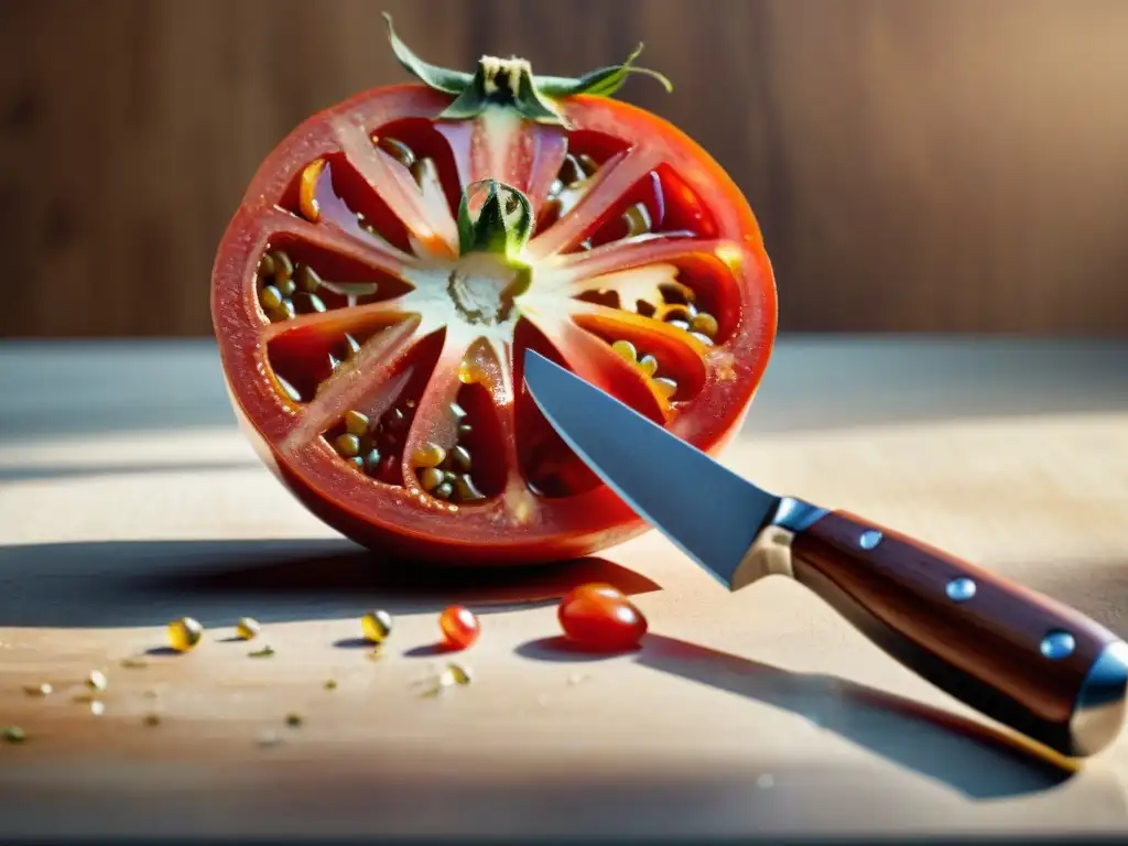 Detallada imagen de una jugosa tomate rojo siendo cortado para una Ensalada Caprese receta tradicional, con semillas brillantes y gotas de agua