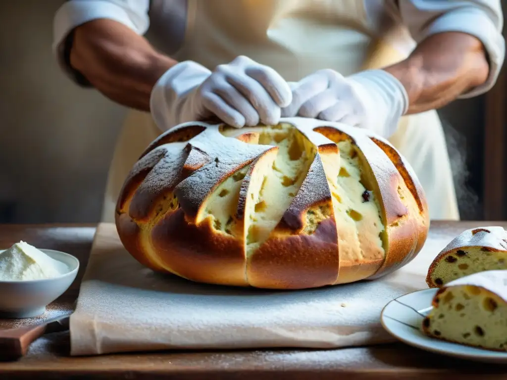 Detallada imagen de un panadero italiano amasando Panettone, destacando la artesanía detrás del proceso