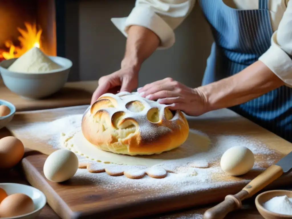 Detallada imagen de un panadero amasando masa para Pastiera Napoletana, destacando la artesanía de la receta tradicional