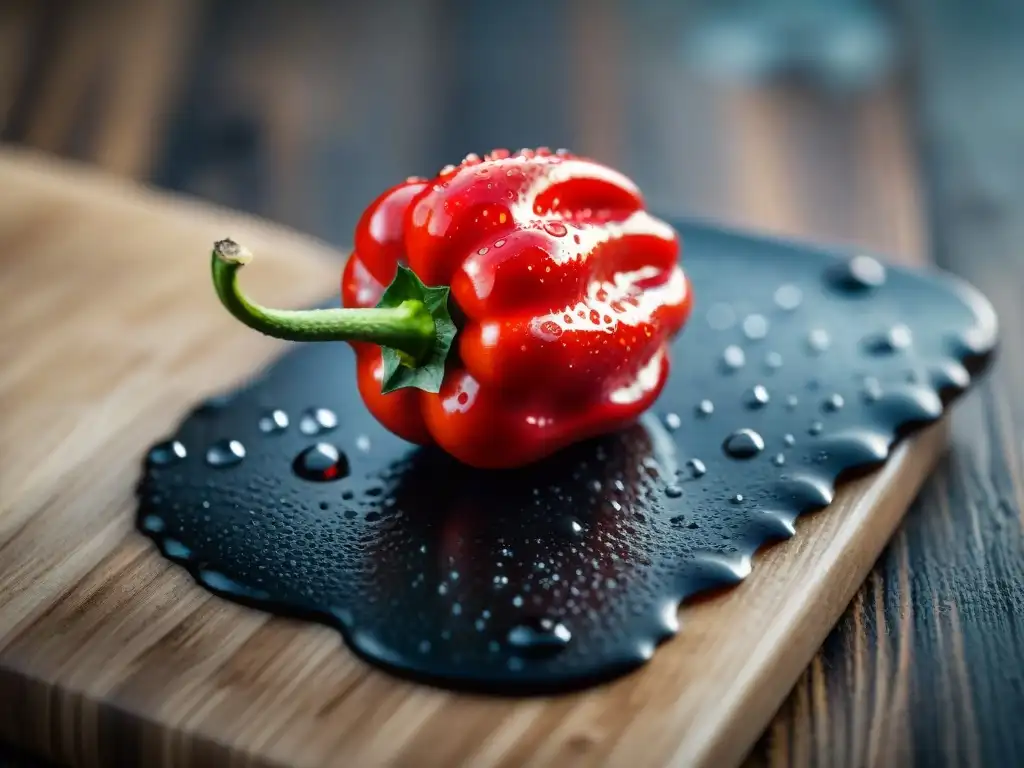 Detallada imagen de un peperoncino rojo vibrante con gotas de agua, sobre tabla de madera rústica