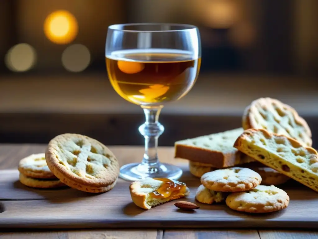 Detallada imagen de un pequeño vaso de Vin Santo y cantuccini en mesa rústica