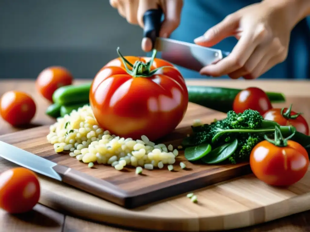 Detallada imagen de vegetales frescos cortados sobre tabla de madera, resaltando un tomate jugoso en receta risotto bajo calorías