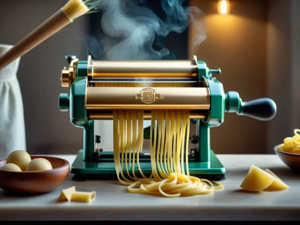 Detallada máquina de pasta italiana en bronce, con extrusor y manivela, iluminada en cocina