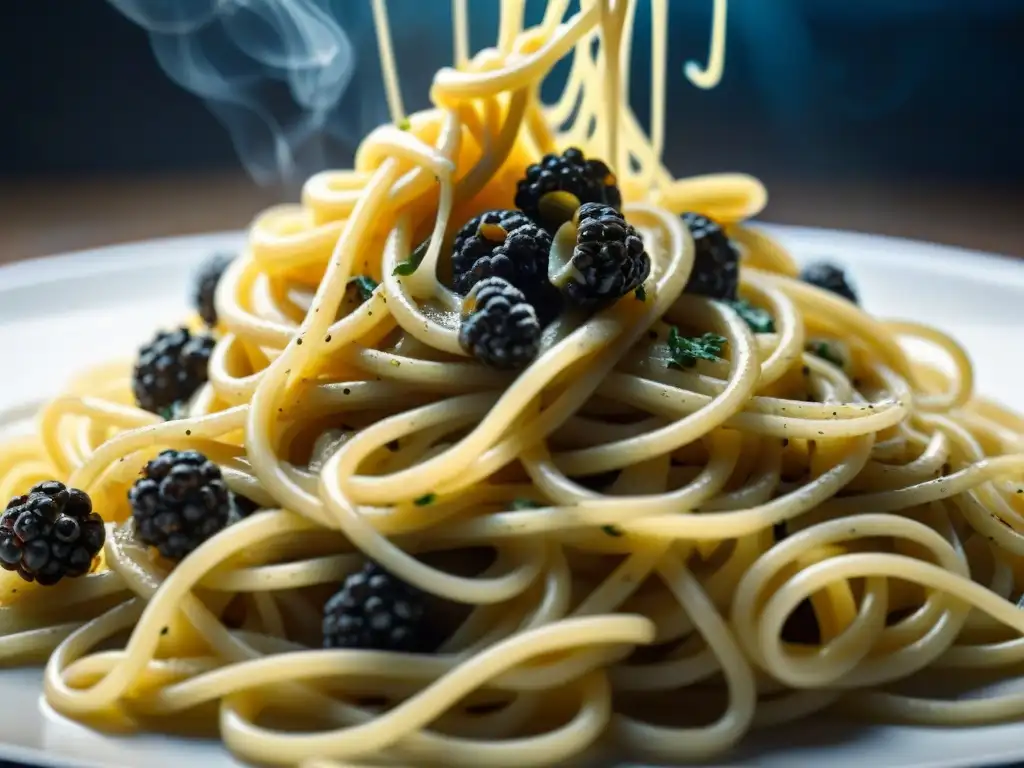 Cómo hacer Cacio e Pepe: vista detallada de pimienta recién molida sobre espaguetis con salsa de queso pecorino