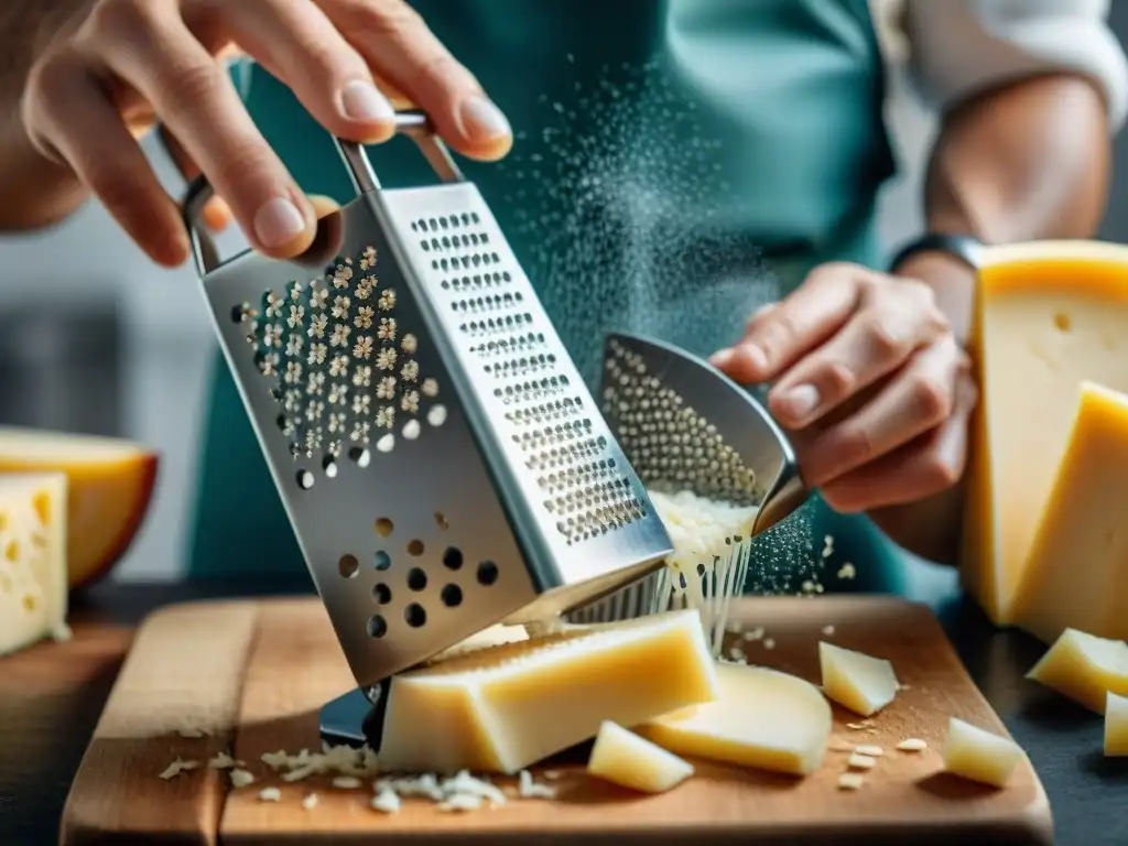 Detallada acción: rallador queso italiano personalizado, Parmigiano Reggiano, precisión y calidad