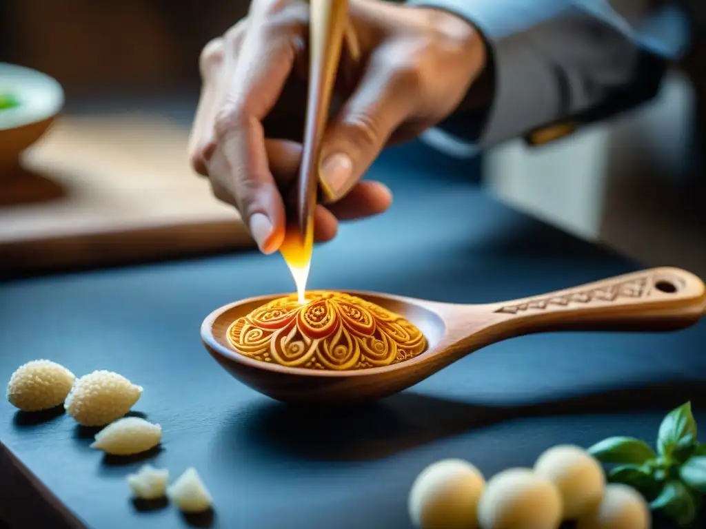 Detallada talla artesanal en cuchara de madera italiana, resaltando la herencia culinaria