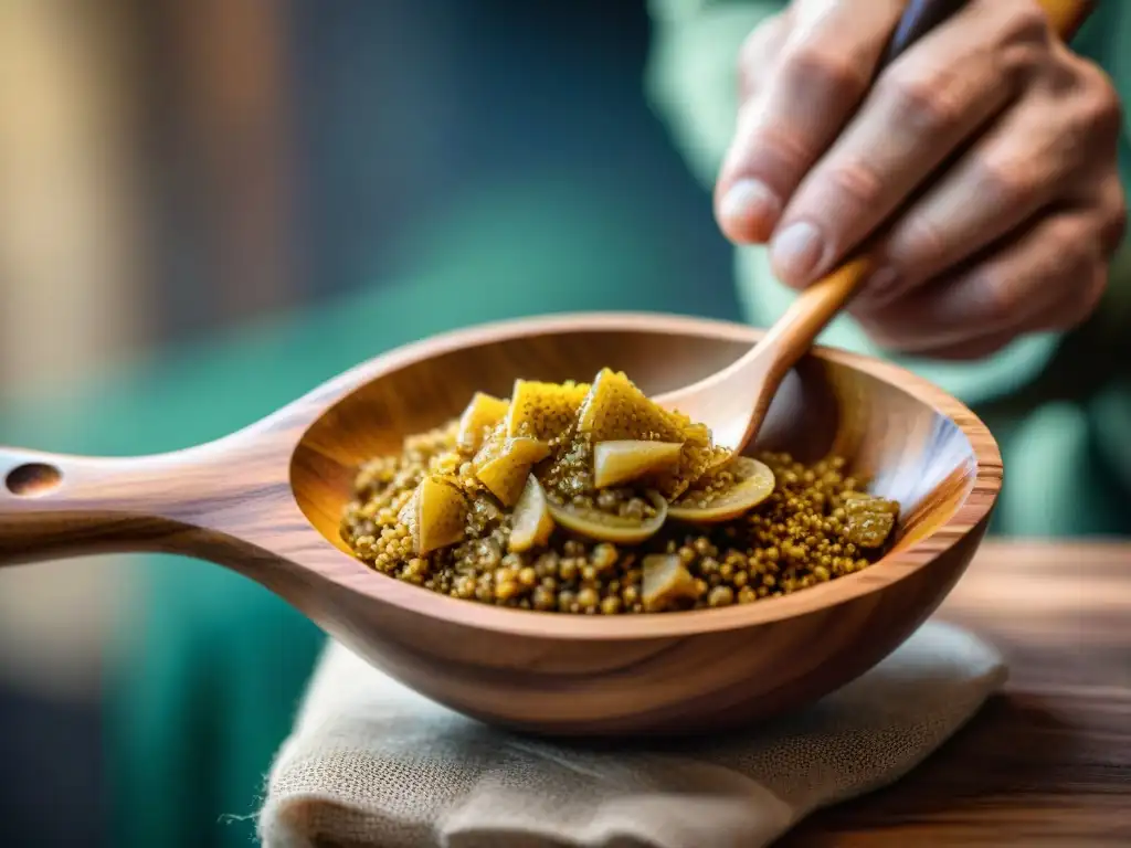 Detallada talla de una cuchara de madera italiana por un artesano experto, resaltando la tradición y la artesanía