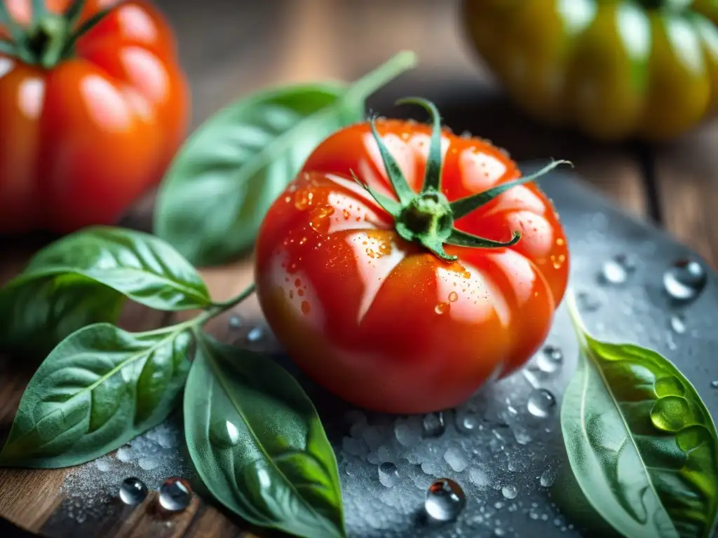 Una fotografía detallada de un tomate San Marzano maduro con gotas de agua, rodeado de albahaca fresca, sal marina y aceite de oliva dorado