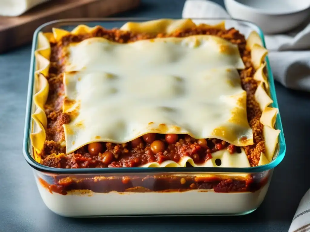 Detallada vista de capas de lasaña en un recipiente de vidrio, mostrando colores vibrantes y sabores de la receta rápida lasaña italiana