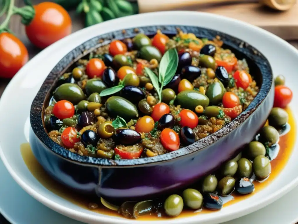 Detallada vista de una caponata siciliana auténtica, resaltando sus colores y texturas, lista para una cena especial