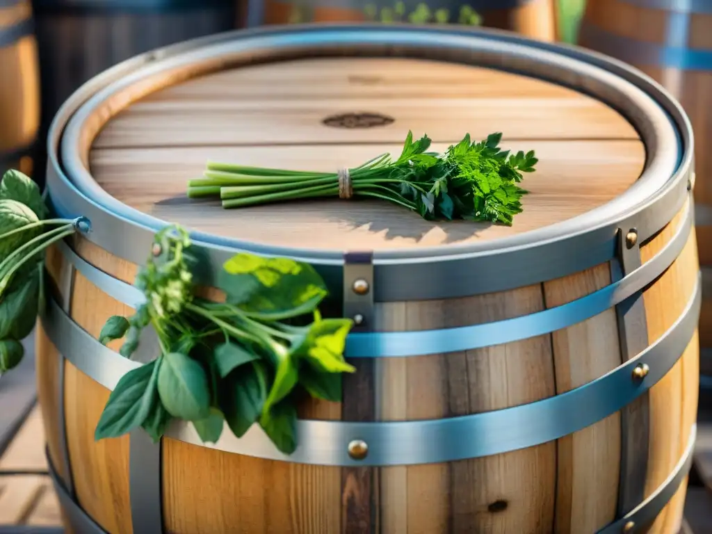 Detallado barril de madera en proceso de fermentación en cocina italiana sostenible, rodeado de hierbas y vegetales frescos