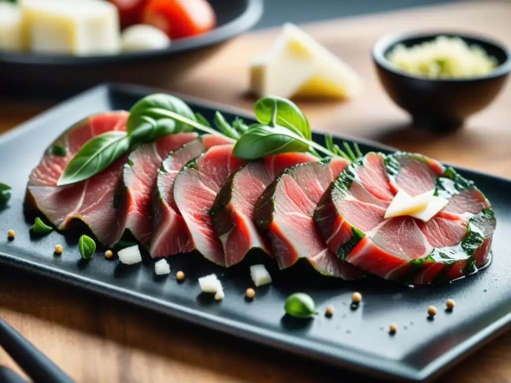 Detallado carpaccio de res: finas capas de carne cruda, queso parmesano y rúcula sobre plato negro pulido, en luz natural