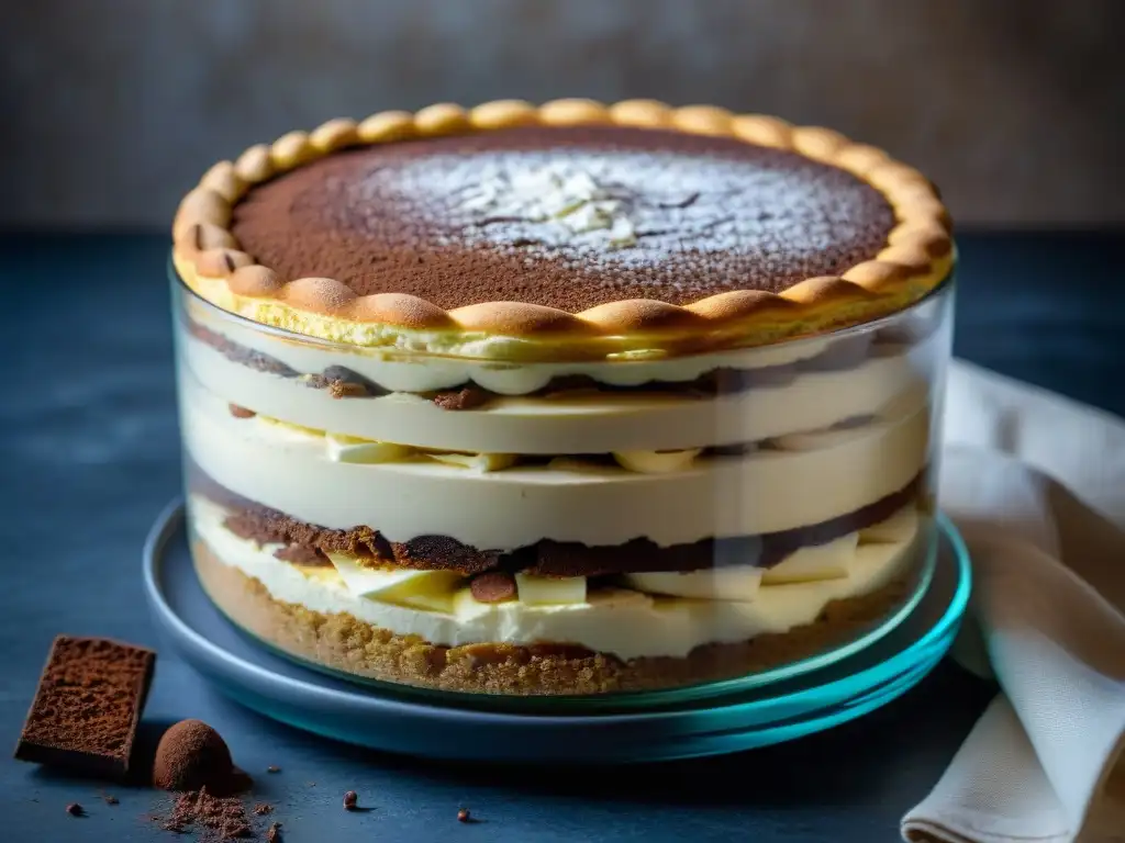 Detallado close-up de un tiramisú recién hecho, con capas de mascarpone, bizcochos de soletilla empapados en café y cacao en polvo