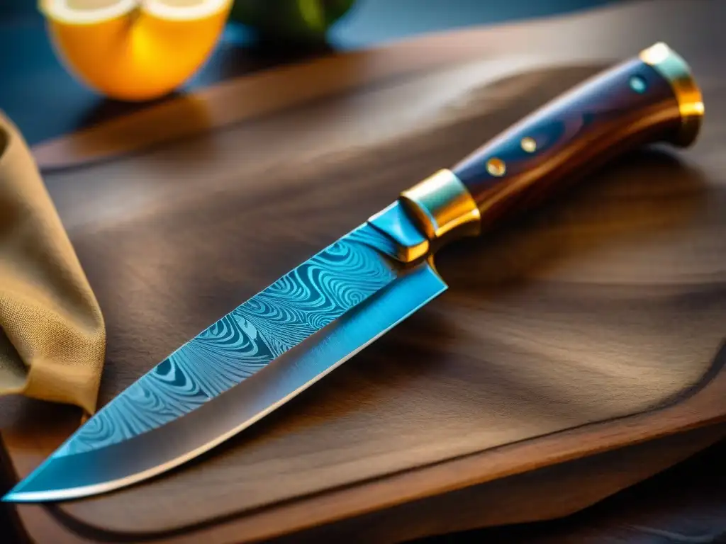 Detallado cuchillo de chef italiano premium con patrones de acero de Damasco, mango de madera y firma del artesano