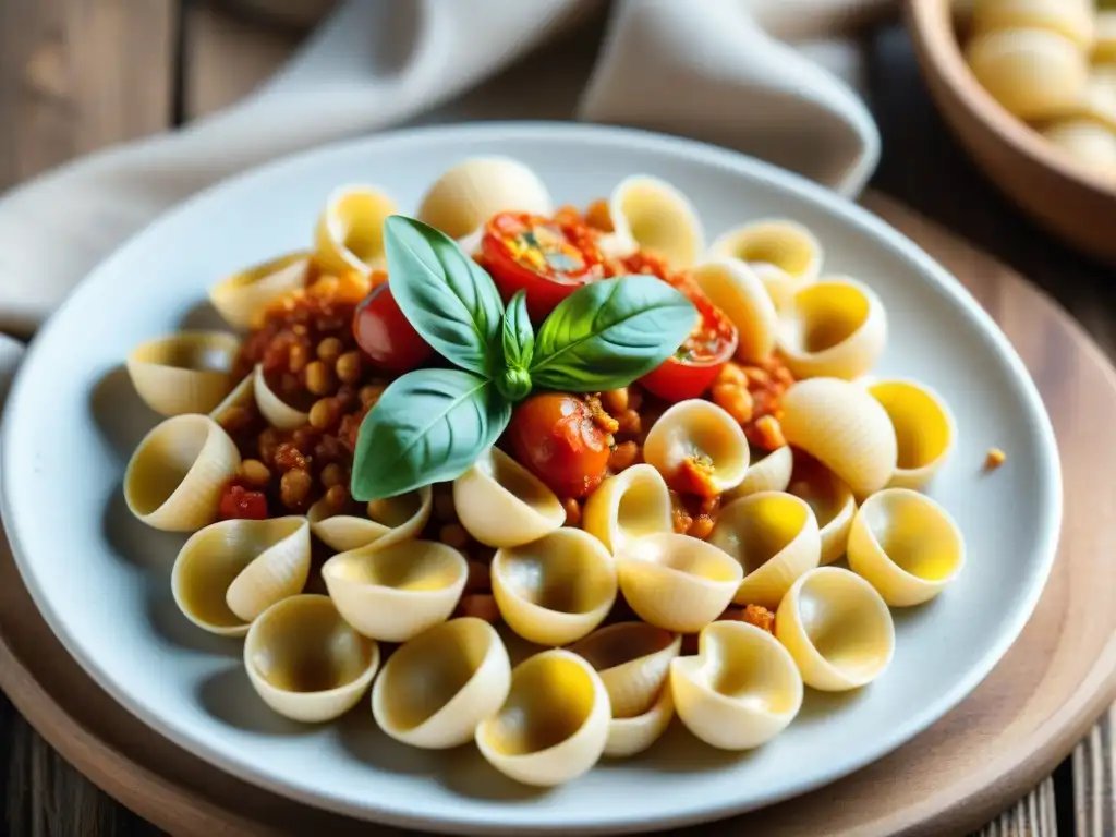 Detallado plato de Orecchiette hecho a mano, con salsa de tomate y queso Parmigiano-Reggiano, uno de los platos de pasta más icónicos