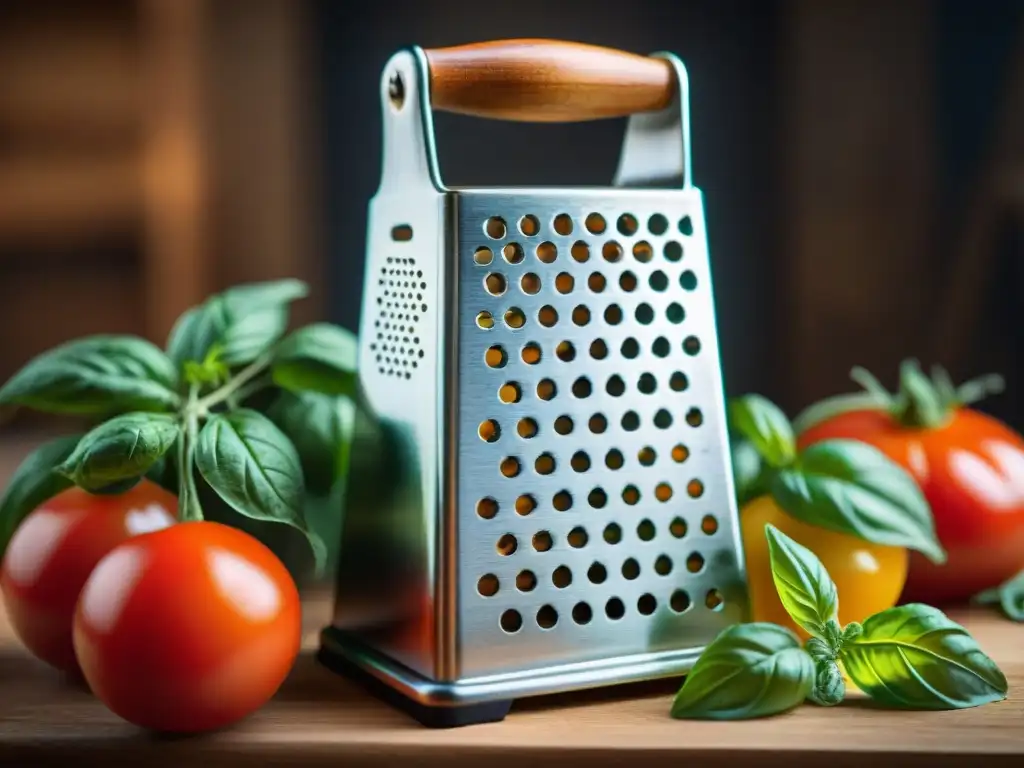 Detallado rallador de queso italiano, envejecido y con historia, iluminado en una bulliciosa cocina