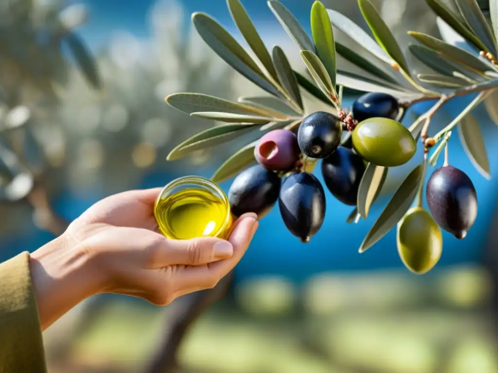 Exquisita aceituna verde recién cosechada bajo el sol mediterráneo Detalle de una aceituna madura siendo recolectada a mano en un olivar mediterráneo, identificar aceite oliva virgen extra