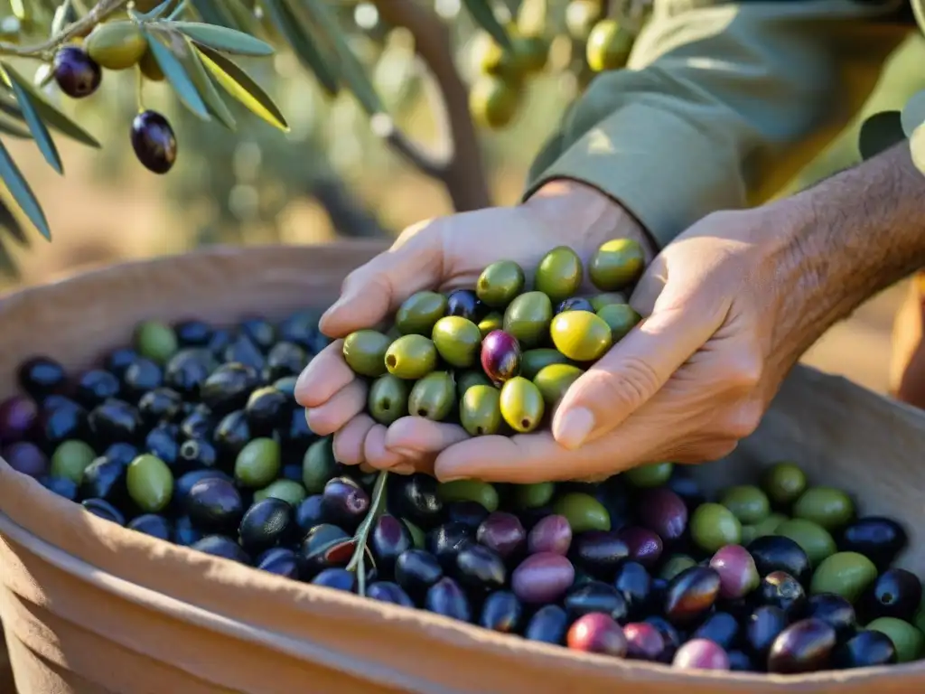 Detalle de la recolección manual de aceitunas al amanecer en un olivar italiano, mostrando la fermentación en aceites italianos