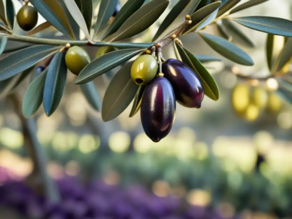 Detalle de aceitunas colgando de un olivo en un huerto soleado