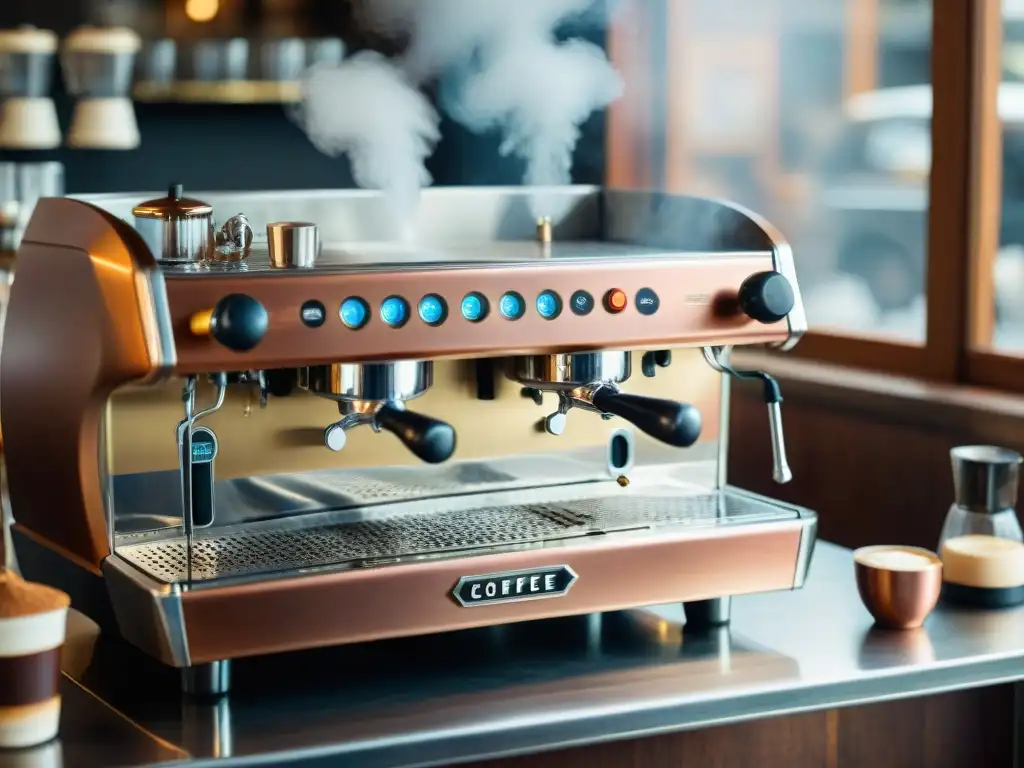 Detalle de una antigua máquina de espresso en una bulliciosa cafetería italiana, resaltando la historia del café