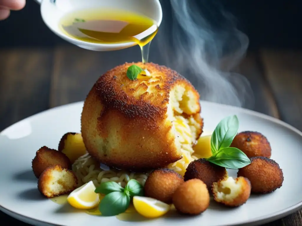 Detalle de una arancini dorada siendo sacada con cuidado de aceite caliente, mostrando su textura crujiente