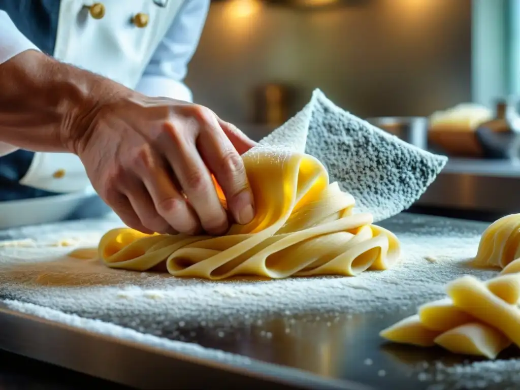 Detalle artesanal: manos de chef moldeando pasta fresca con destreza, en luz natural