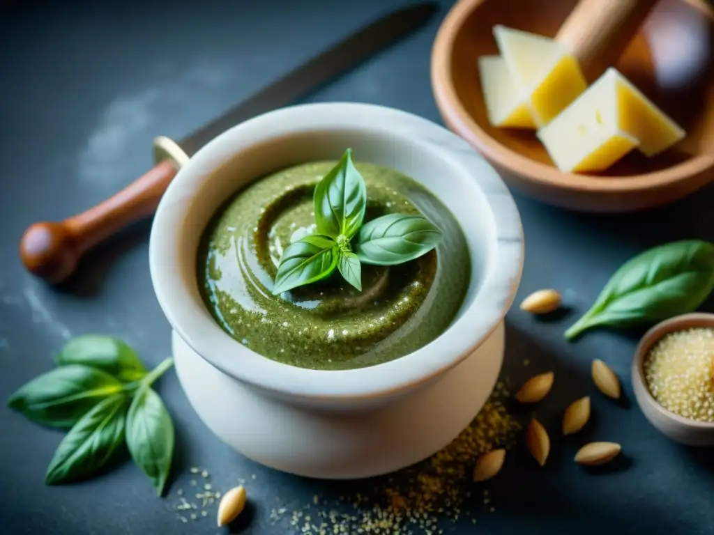 Detalle artesanal del mortero italiano de mármol con ingredientes clave de la historia de la salsa pesto